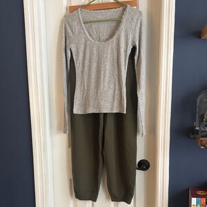 AE Light Gray Scoop Neck Long Sleeve Top with Aerie Olive Green Jogger Pants